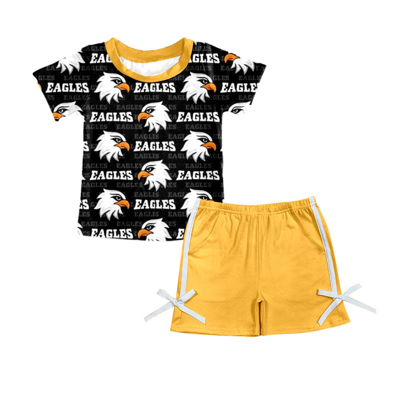 Preorder (moq 5)Baby Girls Black Eagles Team Top Bows Shorts Sets