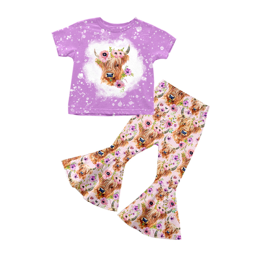 Baby Girls Purple Highland Cow Short Sleeve Shirt Top Flowers Bell Pants Clothes Sets preorder(moq 5)
