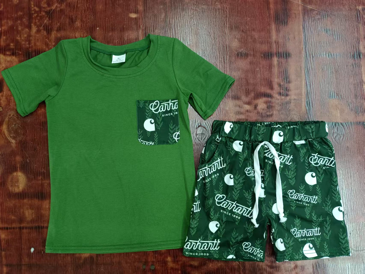 Preorder moq 5 Baby Boys Dark Green Short Sleeves Pocket Top Eanhantt Shorts Set