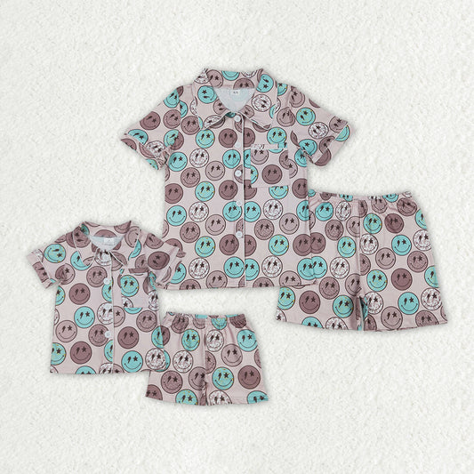 Mommy and me Family Baby Girls Women Blue Smile Buttons Shirts Shorts Pajamas