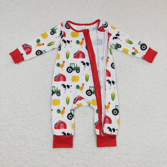 Baby Boys Fall Red Farm Long Sleeve Zip Rompers