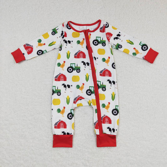 Baby Boys Fall Red Farm Long Sleeve Zip Rompers