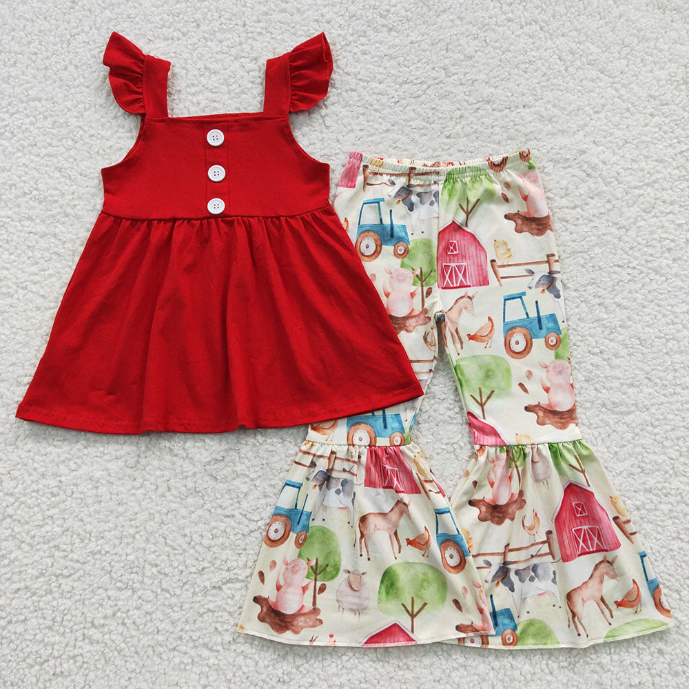 Baby Girls Red Top Farm Bell Pants Sets