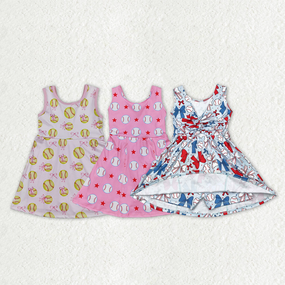 Sibling Baby Girls Softballs Baseballs Bows Yoga Active Short Team Knee Length Dresses