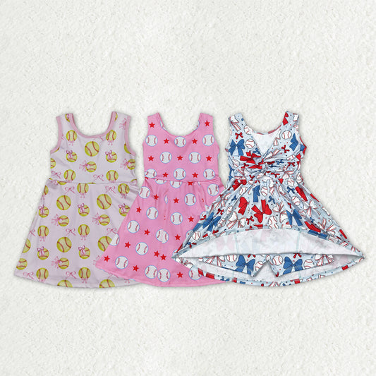 Sibling Baby Girls Softballs Baseballs Bows Yoga Active Short Team Knee Length Dresses