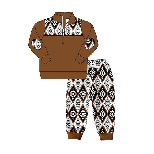 Baby Boys Brown Aztec Pullover Top Shirt Pants Clothes Sets Preorder(moq 5)