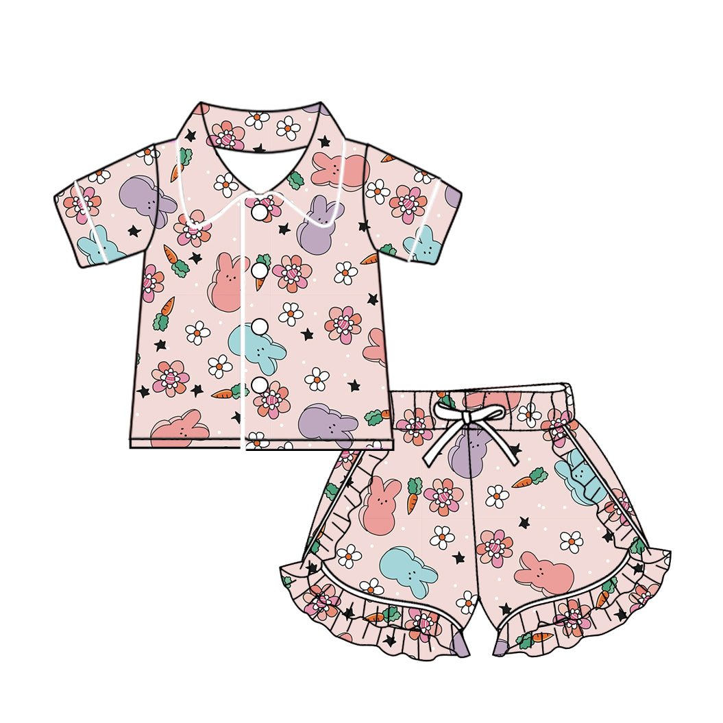 Baby Girls Easter Flowers Bunny Buttons Top Ruffle Shorts Pajamas Sets preorder(MOQ 5)