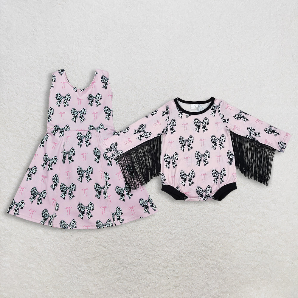 Sibling Baby Girls Cow Print Bows Short Knee Length Dress Tassel Rompers