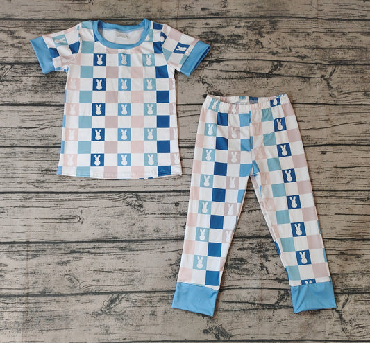 Baby Boys Blue Checkered Rabbits Short Sleeve Tops Pants Pajamas Clothes Sets