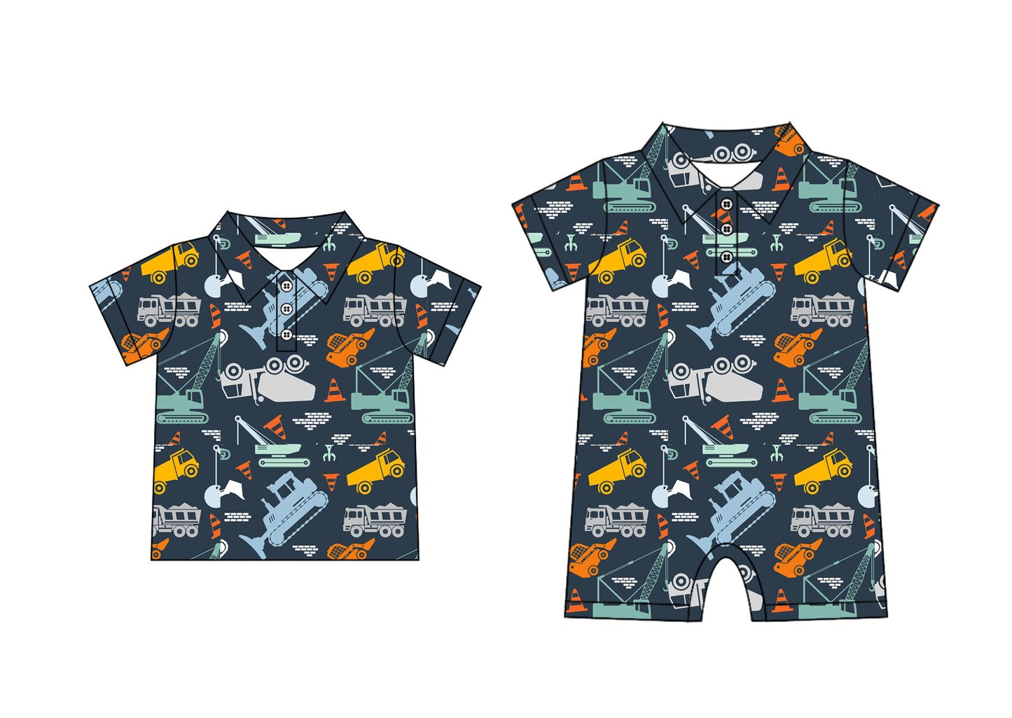 Preorder moq 5 Custom Baby Boys Short Sleeves Button Excavators Cars Polo Shirts Top Rompers