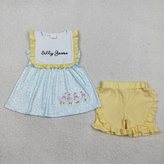 Embroidery Silly Gooses Baby Girls Floral Tunic Ruffle Shorts Clothes Sets