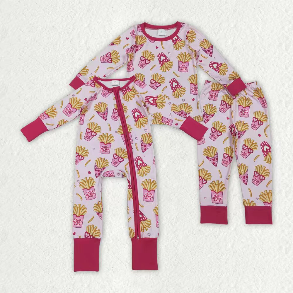 Sibling Baby Girls Hearts Chip Valentines Pants Pajamas Set Zipper Convertible Rompers