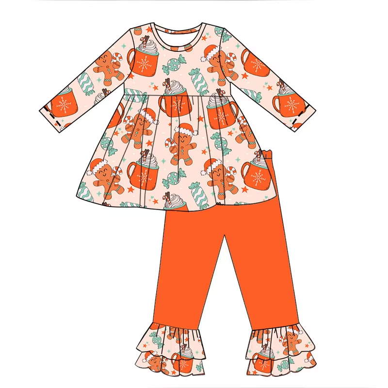 Baby Girls Christmas Gingerbread Tunic Top Ruffle Pants Clothes Sets Preorder(moq 5)