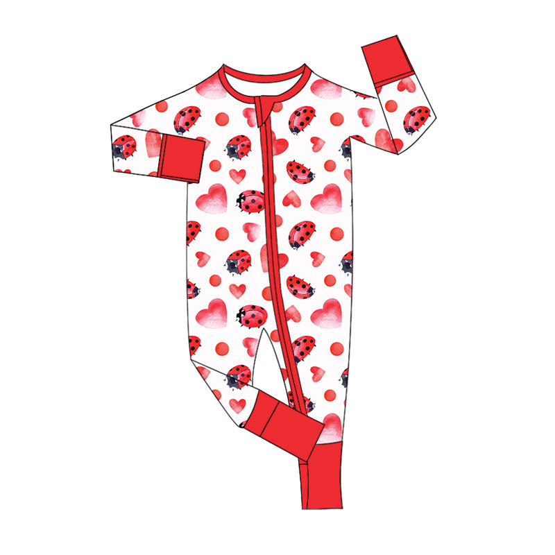 Infant Baby Girls Valentines Hearts Bugs Zip Rompers preorder(moq 5)