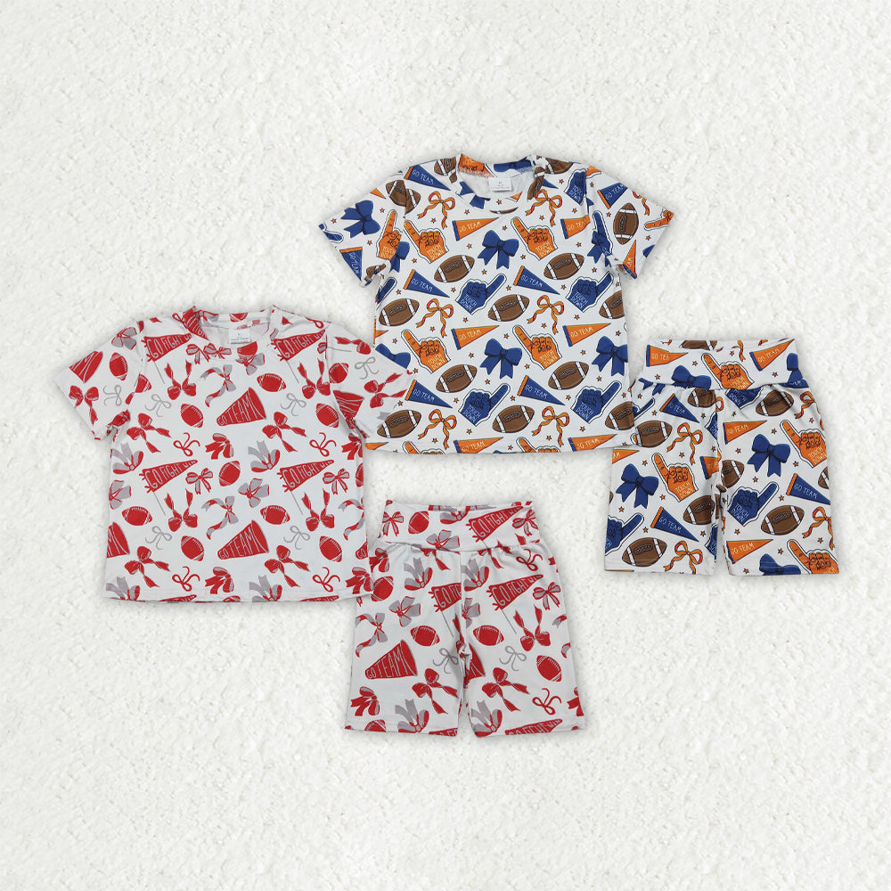 Sibling Baby Girls Short Sleeve Bows Footballs Top Short Go Team Pajamas Clothes Sets