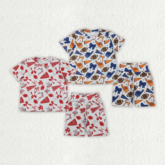 Sibling Baby Girls Short Sleeve Bows Footballs Top Short Go Team Pajamas Clothes Sets