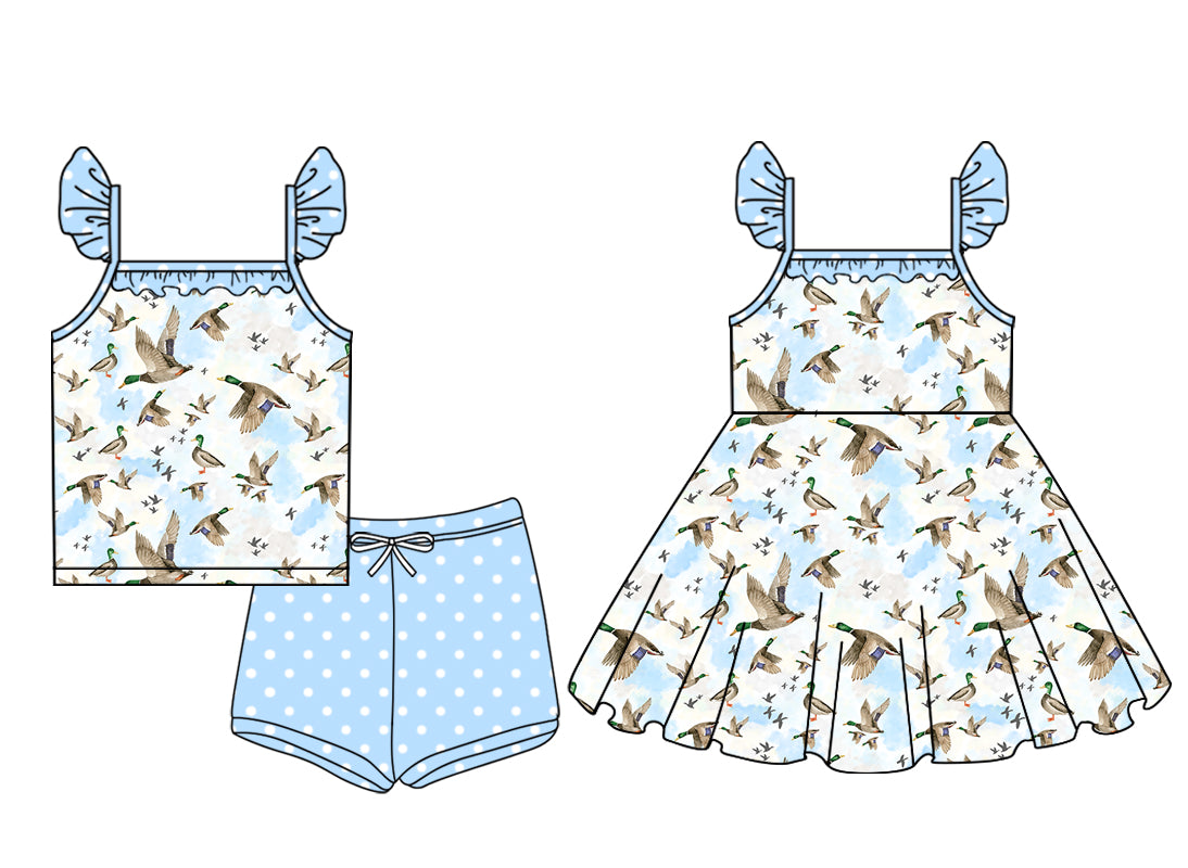 Preorder moq 5 Custom Baby Girls Blue Flutter Sleeves Ducks Top Polka Dots Short Set Knee Length Dress