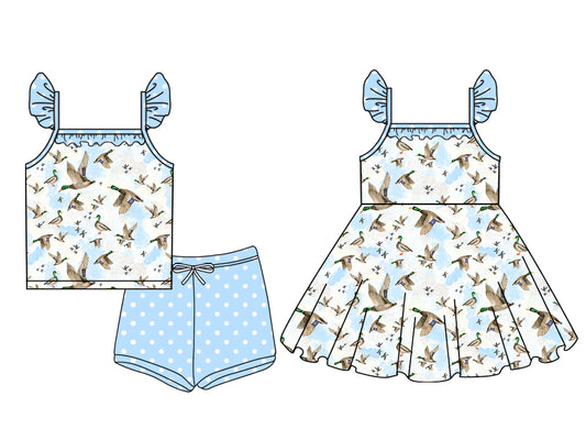 Preorder moq 5 Custom Baby Girls Blue Flutter Sleeves Ducks Top Polka Dots Short Set Knee Length Dress