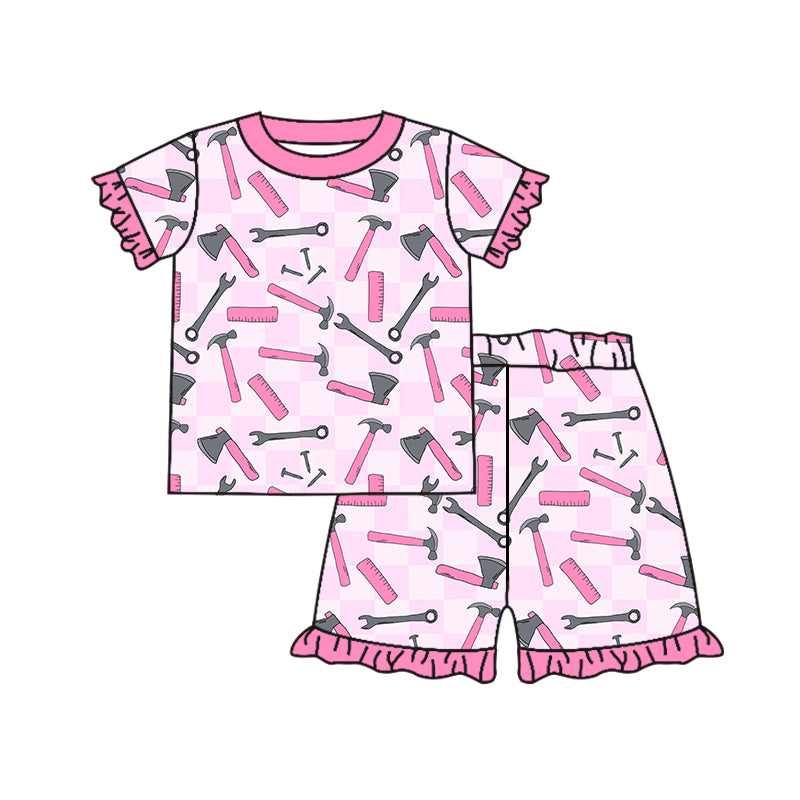 Baby Girls Pink Tools Short Sleeve Top Shorts Pajamas Clothes Sets Preorder(moq 5)