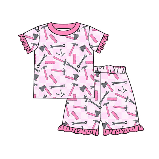 Baby Girls Pink Tools Short Sleeve Top Shorts Pajamas Clothes Sets Preorder(moq 5)