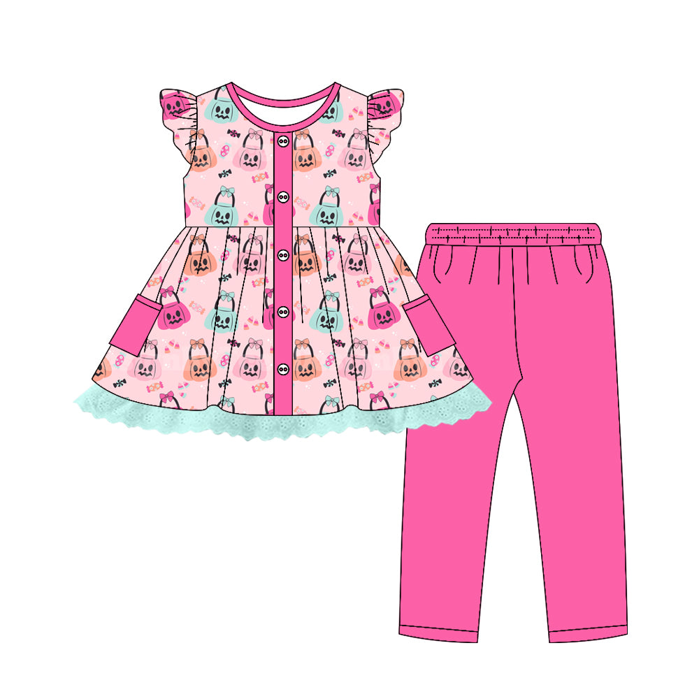 Preorder (moq 5)Baby Girls Flutter Sleeves Ghost Pumpkins Button Tunic Leggings Pants Set