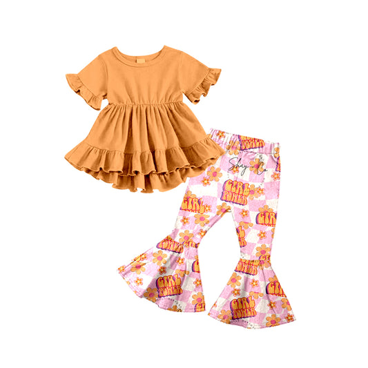 Baby Girls Orange Tunic Top Bell Girls Power Flowers Pants Clothes Sets preorder(moq 5)
