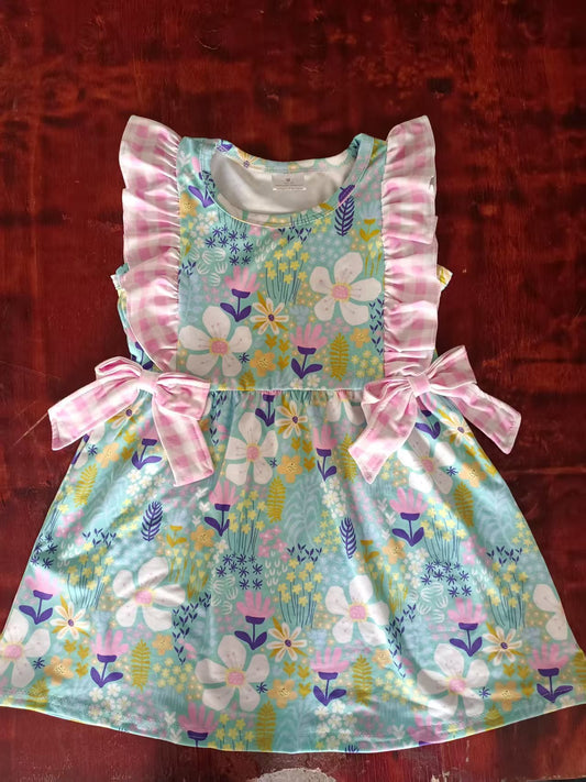 Preorder moq 5 Baby Girls Sleeveless Colorful Floral Pink Plaid Bows Knee Length Dress