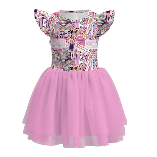 Baby Girls Singer Pink Swiftie Flutter Sleeve Tutu Knee Length Dresses preorder (moq 5)