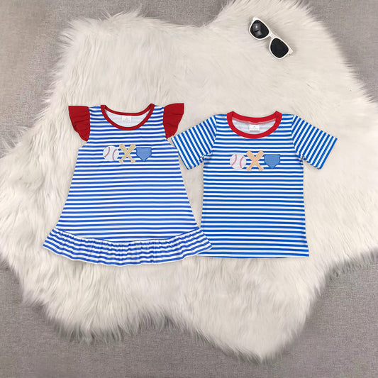 Sibling Baby Kids Blue Stripes Embroidery Baseball Short Sleeves Tee Shirts Top