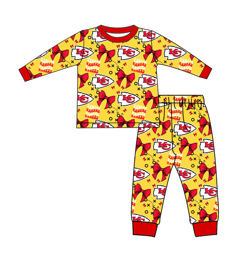 Cutom moq 5 Football Team KC Red Bows Yellow Long Sleeve Pants Boys Pajamas