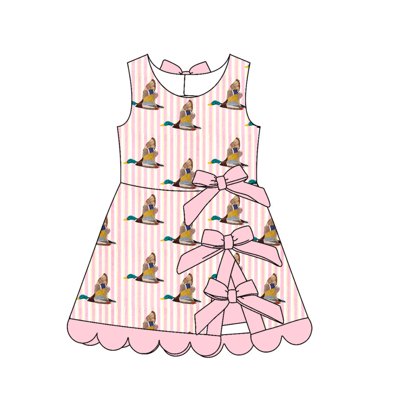 Preorder (moq 5)Baby Girls Pink Stripe Ducks Hunting Short Scallop Knee Length Dresses