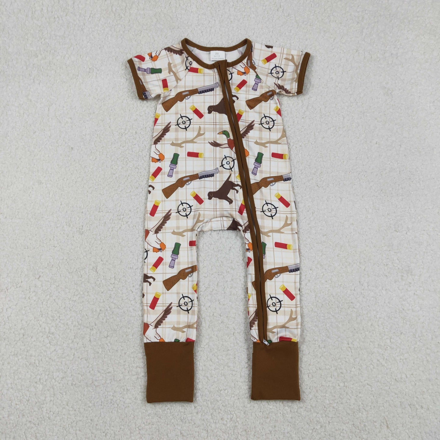 Baby Boys Khaki Checked Dogs Ducks Hunting Two Way Zip Convertible Rompers