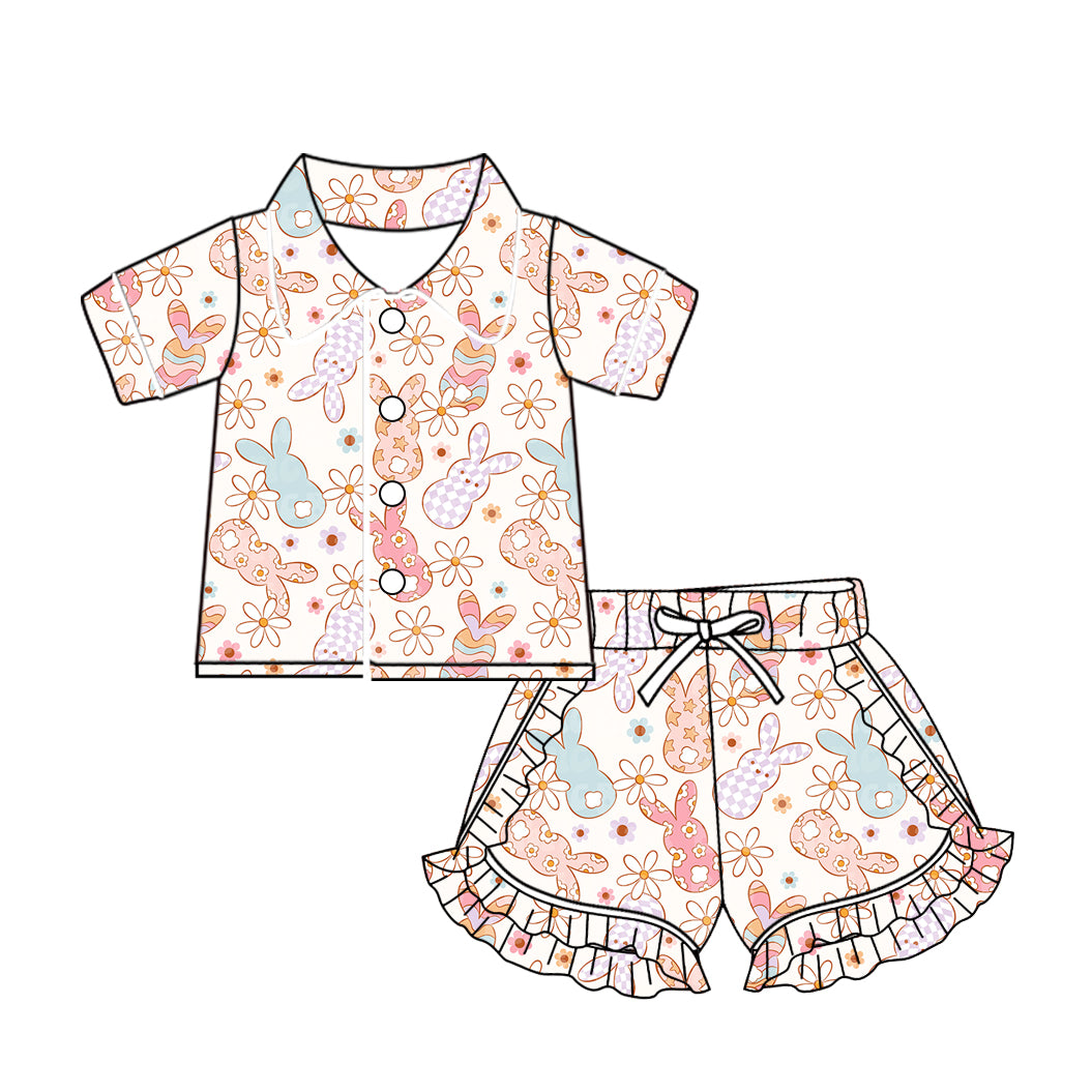 Baby Girls Easter Flower Rabbits Buttons Top Ruffle Shorts Pajamas Sets preorder(MOQ 5)