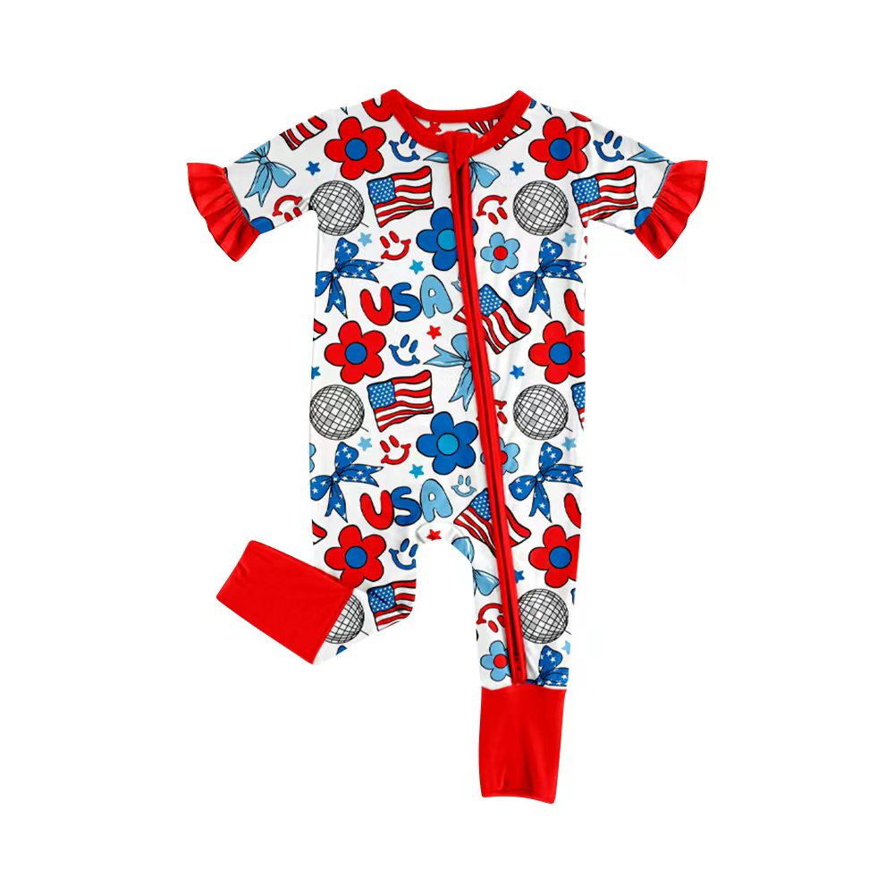 Preorder (moq 5)Baby Girls Red Blue Flowers USA 4th of July Two Way Zip Convertible Rompers