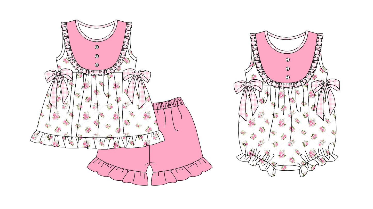 Preorder(moq 5 each)Sibling Baby Girls Pink Flowers Tunic Top Shorts Bows Rompers Clothes Sets