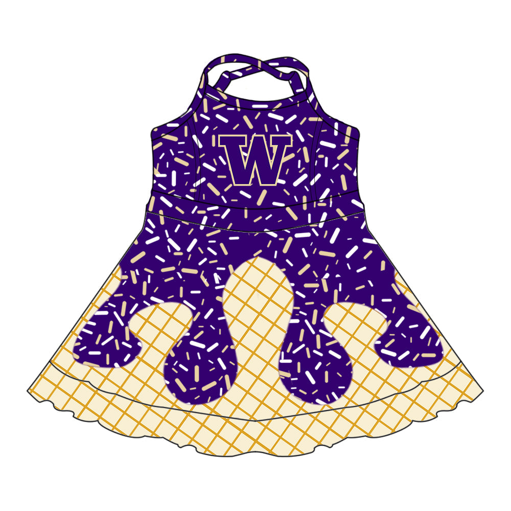 Preorder (moq 5)Baby Girls Drip Sprinkles Washington Huskies Team Shorts Ruffle Knee Length Dress