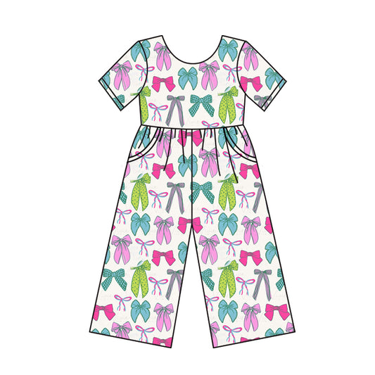 Preorder (moq 5)Baby Girls Short Sleeves Colorful Bows Pockets Pant Jumpsuits