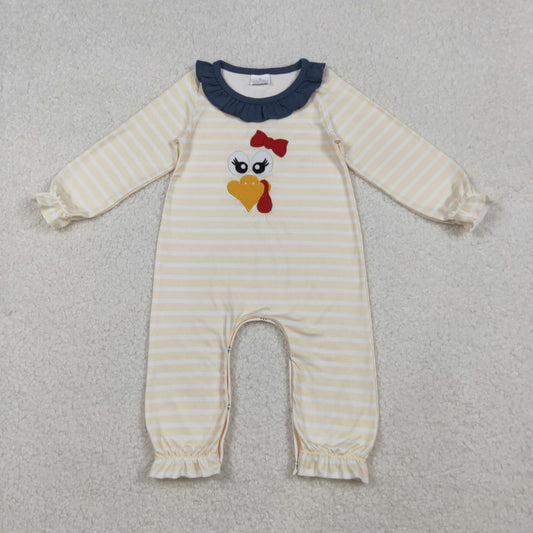 Embroidery Turkey Baby Girls Stripe Thanksgiving Ruffle Footie Rompers