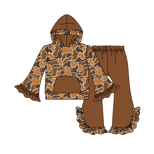 Baby Girls Brown Camo Pocket Hooded Top Ruffle Pants Clothes Sets Preorder(moq 5)