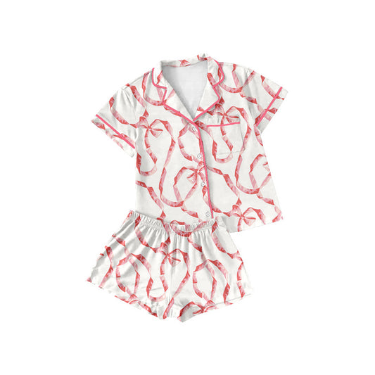 Preorder (moq 5)Baby Girls Red Bows Buttons Top Shirt Shorts Pajamas Clothes Sets