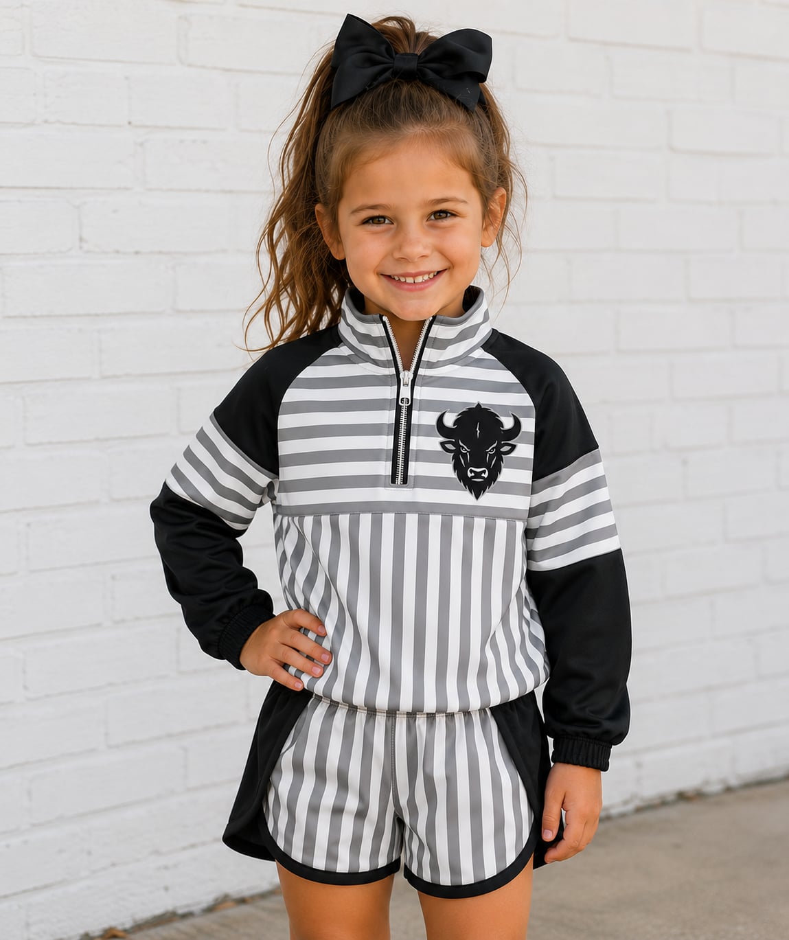 Preorder (moq 5)Baby Girls Grey Black Stripe Cat Zip Pullovers Short Team Clothes Sets