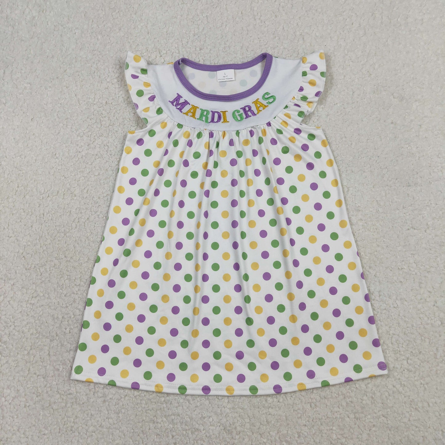 Embroidery Mardi Gras Baby Girls Flutter Sleeve Polka Dots Knee Length Dresses