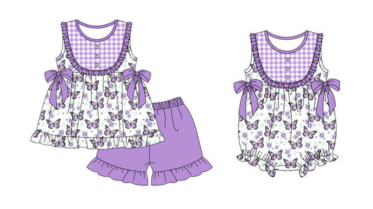 Preorder(moq 5 each)Sibling Baby Girls Purple Butterfly Tunic Top Shorts Bows Rompers Clothes Sets