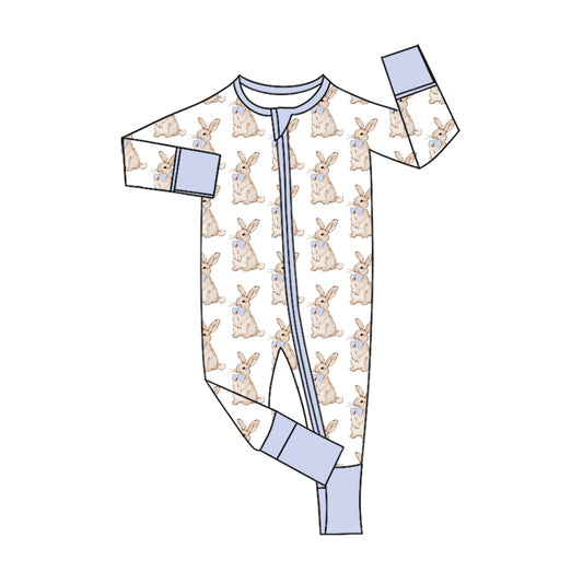 Preorder (moq 5) Baby Girl Clothes Watercolor Bunny Blue Bow Allover Print Long Sleeve Zip Romper