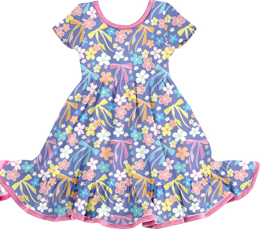 Preorder moq 5 (each item)Baby Girls Colorful Flowers Short Sleeve Ruffle Knee Length Dresses