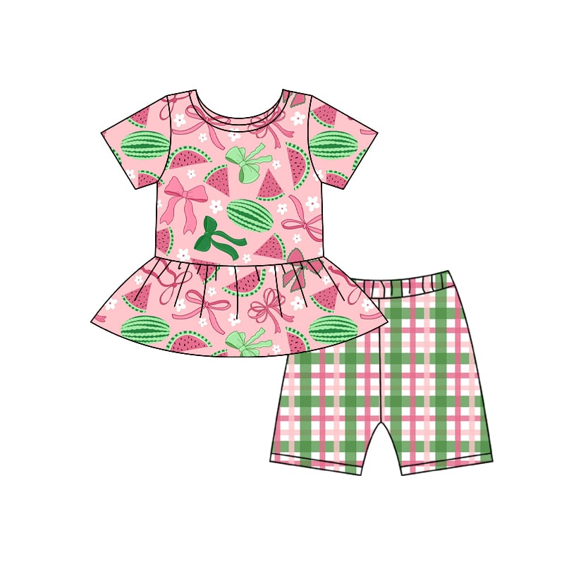 Preorder (moq 5)Baby Girls Watermelon Flowers Tunic Checked Shorts Clothes Sets