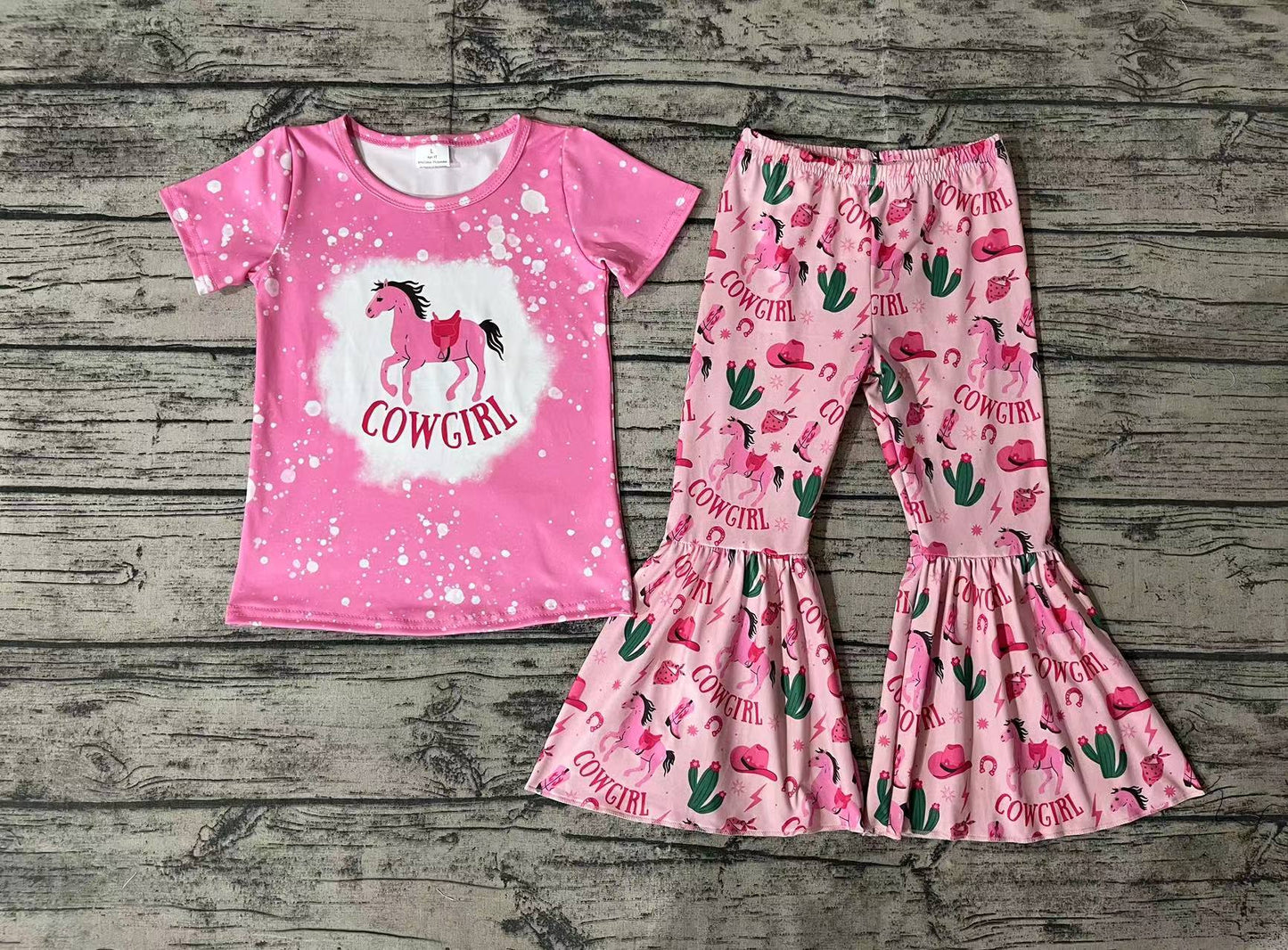 Baby Girls Western Cowgirl Horse Top Cactus Bell Pants Clothes Sets