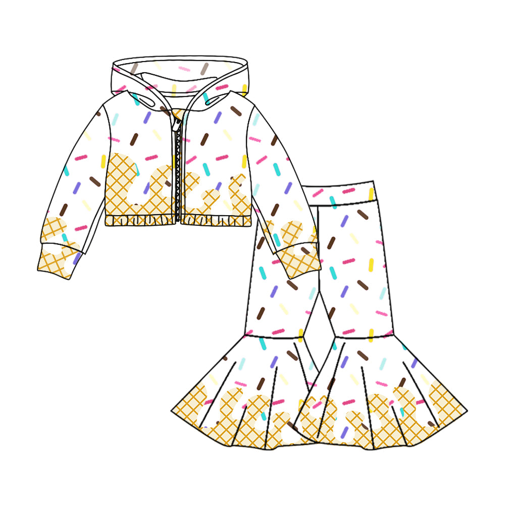 Preorder (moq 5)Baby Girls Long Sleeves Drip Zipper Jacket Top Bell Bottom Pant Team Clothes Sets
