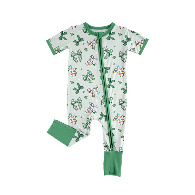 Infant Baby Girls St Patrick Day Bows Zip Rompers preorder(moq 5)