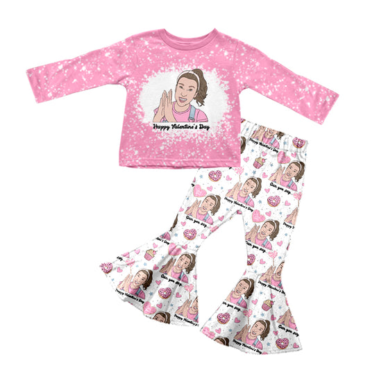 Baby Girls Happy Valentines Pink Teacher Top Bell Pants Clothes Sets preorder(moq 5)